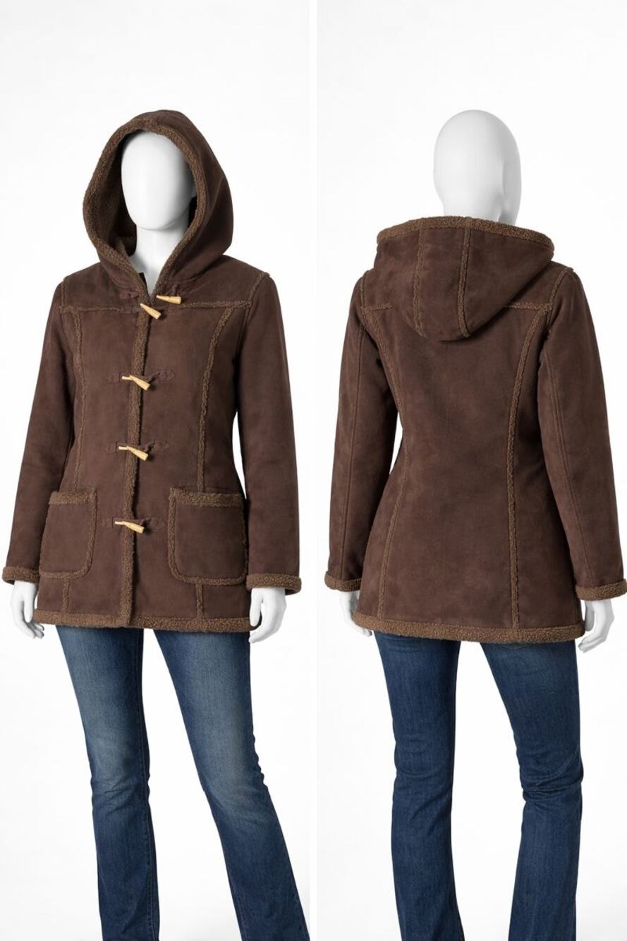 L.L. Bean Women’s Brown Faux Suede Sherpa Lined Toggle Hooded Duffle Coat Sz M